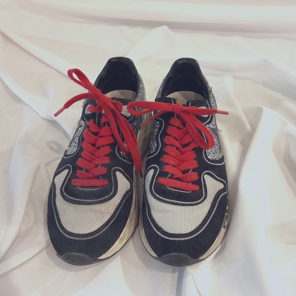 Golden Goose Runners in Black, Red Laces & Silver Sparkle - Picture 1 of 6